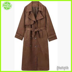Faux Suede Trench Coat Slim Fit Double Breasted with Belt Ankle Length